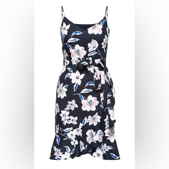 Banana Republic Linen Cotton Ruffle Wrap Dress Navy Floral Sz 4 - Picture 4 of 14